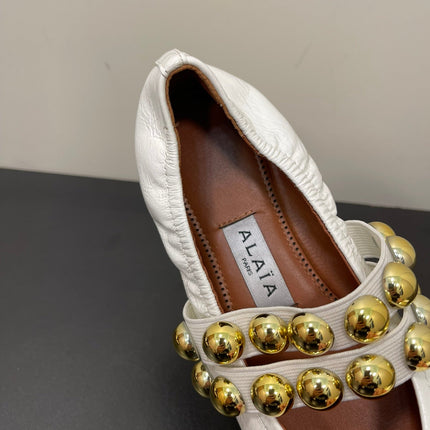 ALAIA BALLET FLATS IN WHITE GLOSSY CALFSKIN WITH GOLD HARDWARE