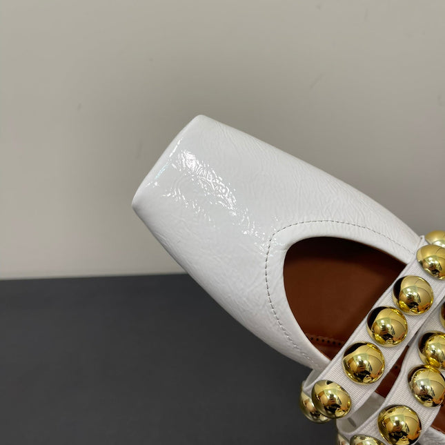 ALAIA BALLET FLATS IN WHITE GLOSSY CALFSKIN WITH GOLD HARDWARE