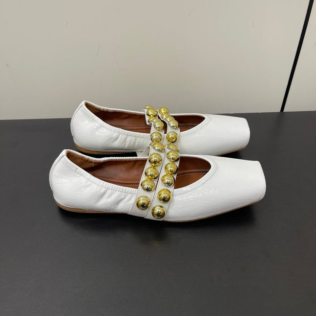 ALAIA BALLET FLATS IN WHITE GLOSSY CALFSKIN WITH GOLD HARDWARE