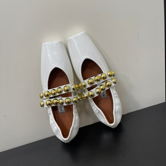 ALAIA BALLET FLATS IN WHITE GLOSSY CALFSKIN WITH GOLD HARDWARE