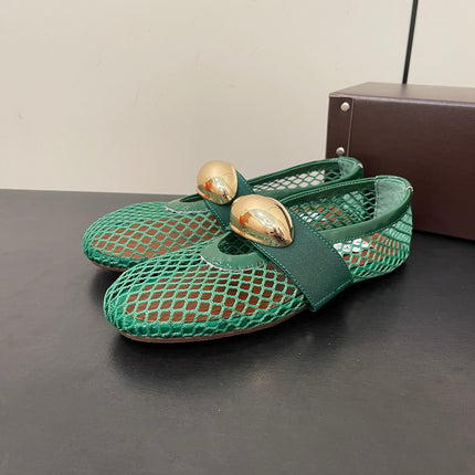 ALAIA BALLET FLATS IN COOL GREEN MESH FISHNET WITH GOLD HARDWARE