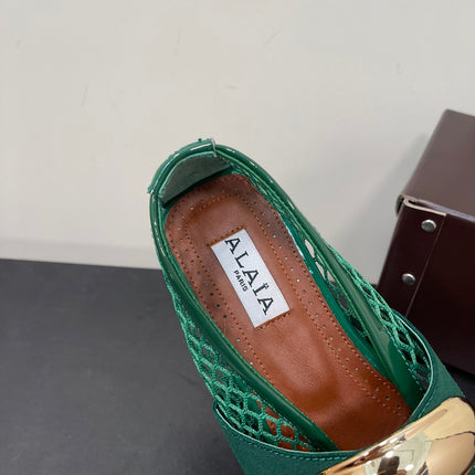ALAIA BALLET FLATS IN COOL GREEN MESH FISHNET WITH GOLD HARDWARE