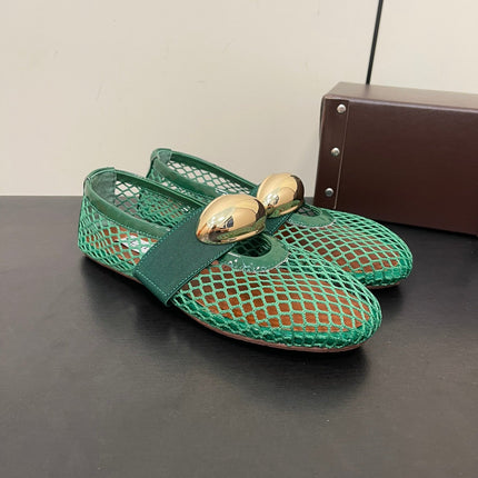 ALAIA BALLET FLATS IN COOL GREEN MESH FISHNET WITH GOLD HARDWARE