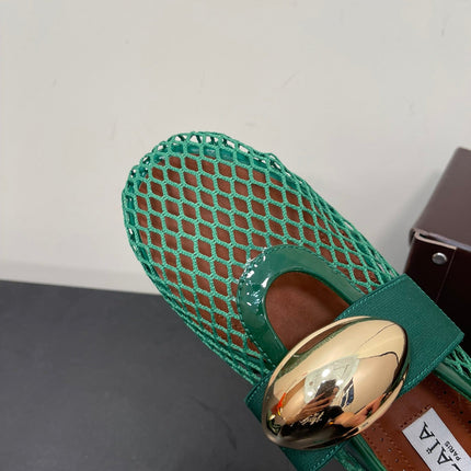 ALAIA BALLET FLATS IN COOL GREEN MESH FISHNET WITH GOLD HARDWARE