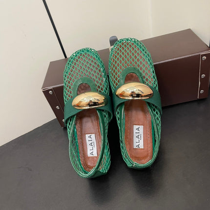 ALAIA BALLET FLATS IN COOL GREEN MESH FISHNET WITH GOLD HARDWARE