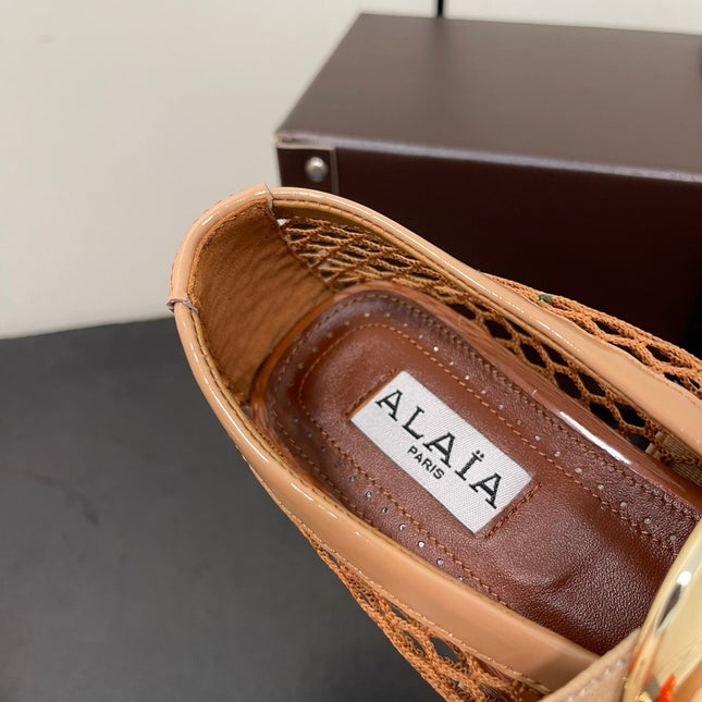 ALAIA BALLET FLATS IN COPPER BROWN MESH FISHNET WITH GOLD HARDWARE