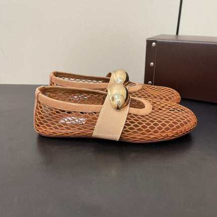 ALAIA BALLET FLATS IN COPPER BROWN MESH FISHNET WITH GOLD HARDWARE