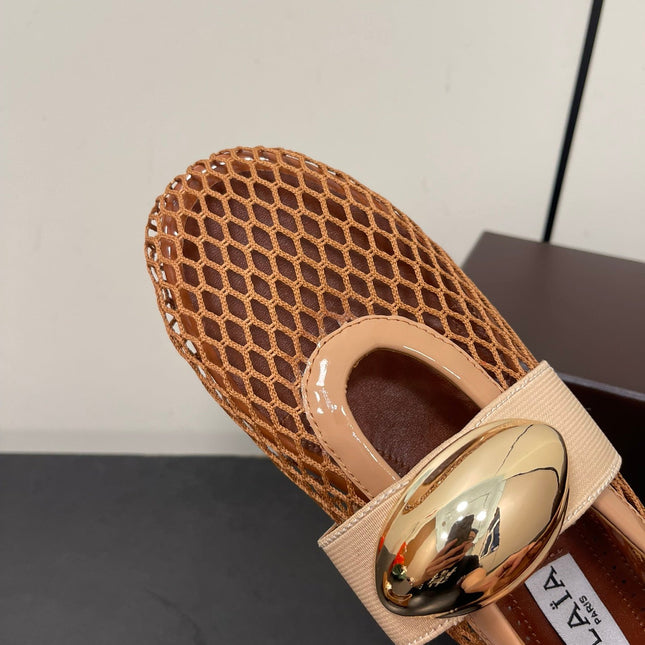 ALAIA BALLET FLATS IN COPPER BROWN MESH FISHNET WITH GOLD HARDWARE