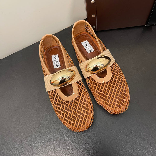 ALAIA BALLET FLATS IN COPPER BROWN MESH FISHNET WITH GOLD HARDWARE