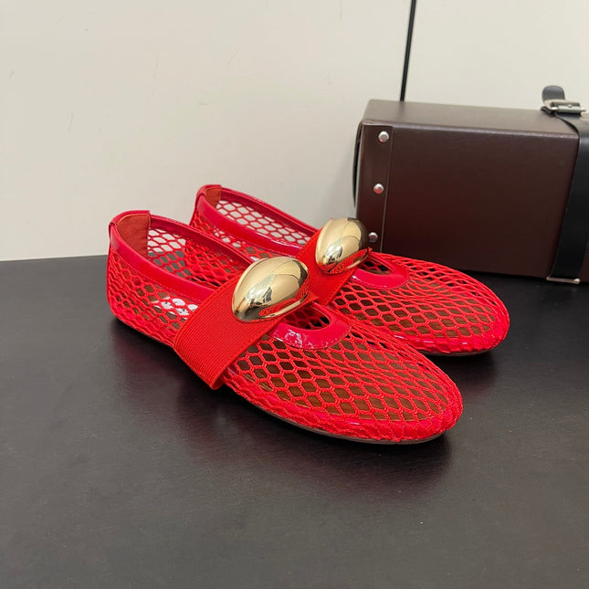ALAIA BALLET FLATS IN CHERRY RED MESH FISHNET WITH GOLD HARDWARE