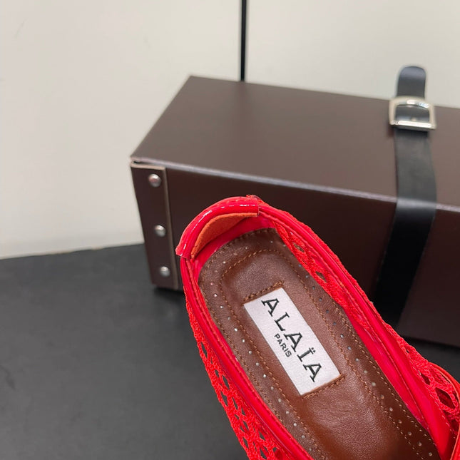 ALAIA BALLET FLATS IN CHERRY RED MESH FISHNET WITH GOLD HARDWARE