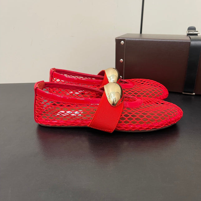 ALAIA BALLET FLATS IN CHERRY RED MESH FISHNET WITH GOLD HARDWARE
