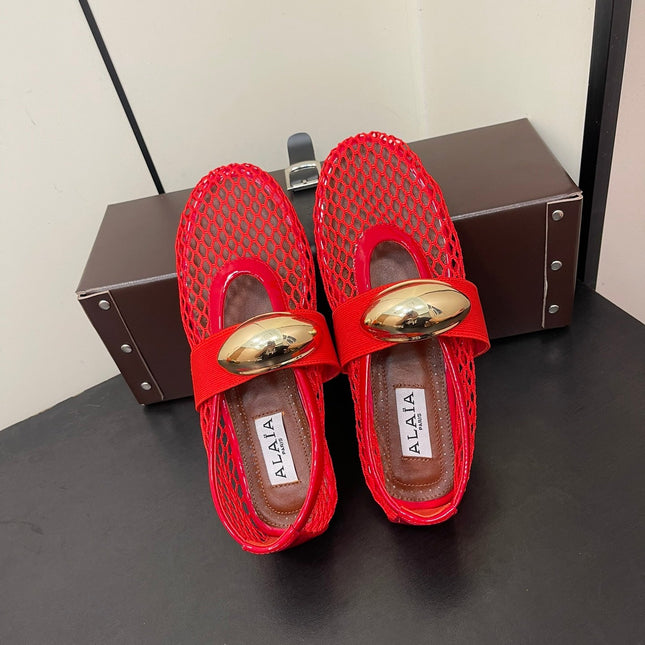 ALAIA BALLET FLATS IN CHERRY RED MESH FISHNET WITH GOLD HARDWARE