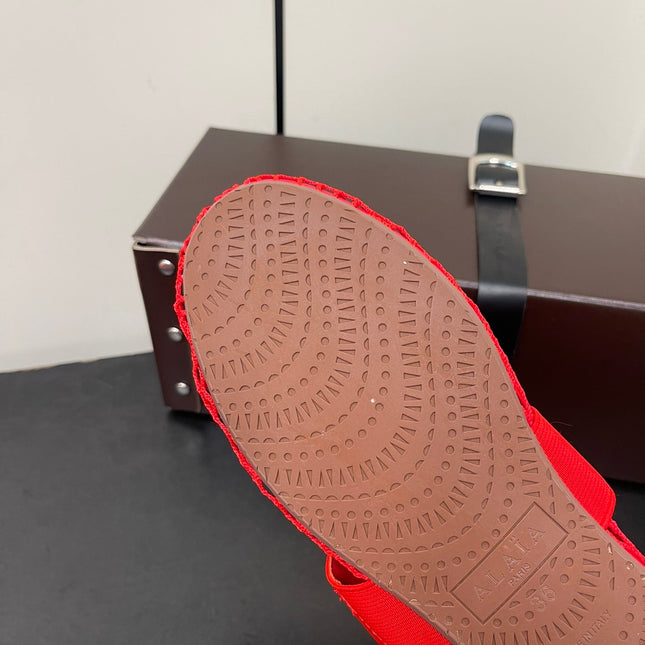 ALAIA BALLET FLATS IN CHERRY RED MESH FISHNET WITH GOLD HARDWARE