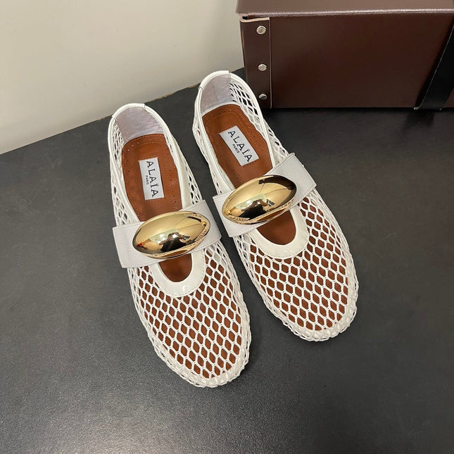 ALAIA BALLET FLATS IN WHITE MESH FISHNET WITH GOLD HARDWARE