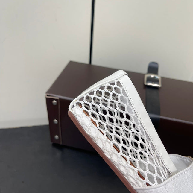 ALAIA BALLET FLATS IN WHITE MESH FISHNET WITH GOLD HARDWARE