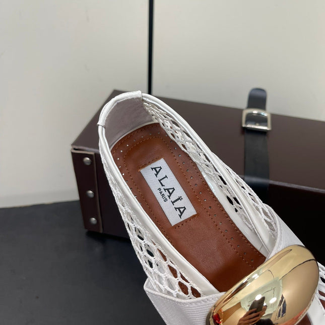 ALAIA BALLET FLATS IN WHITE MESH FISHNET WITH GOLD HARDWARE