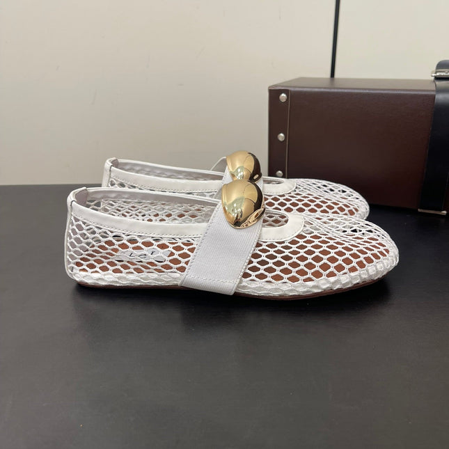 ALAIA BALLET FLATS IN WHITE MESH FISHNET WITH GOLD HARDWARE