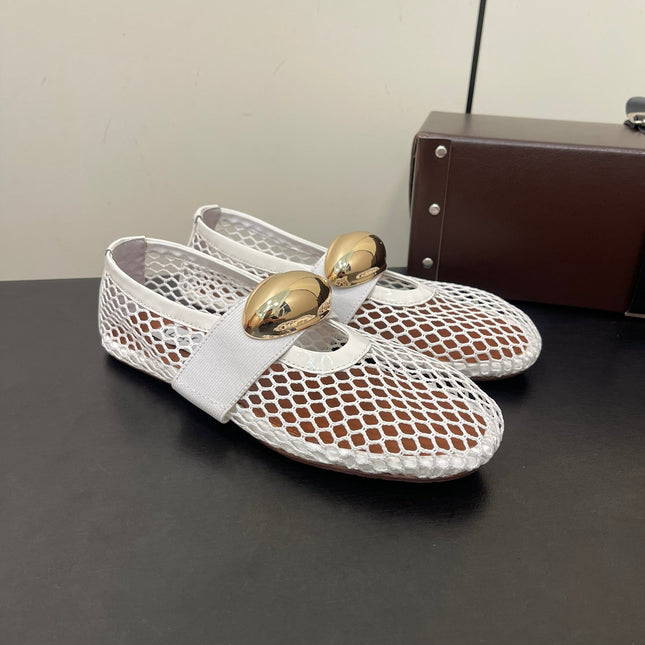 ALAIA BALLET FLATS IN WHITE MESH FISHNET WITH GOLD HARDWARE