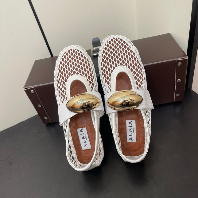 ALAIA BALLET FLATS IN WHITE MESH FISHNET WITH GOLD HARDWARE