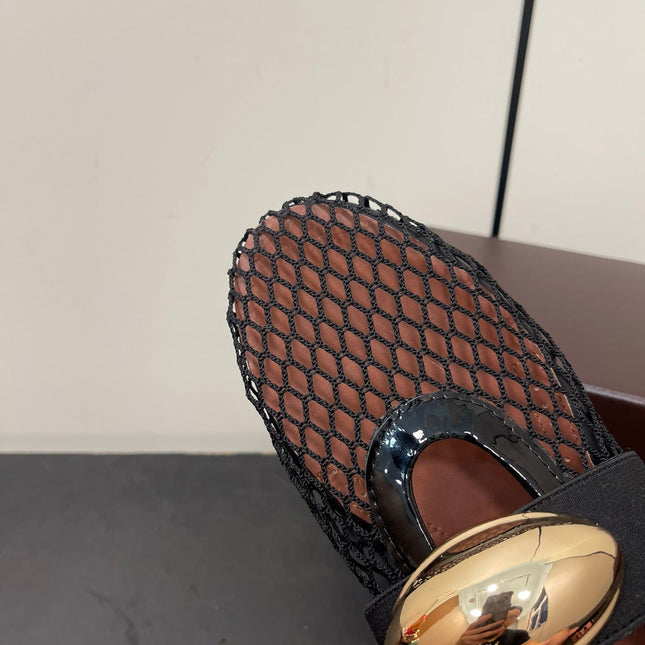 ALAIA BALLET FLATS IN BLACK MESH FISHNET WITH GOLD HARDWARE