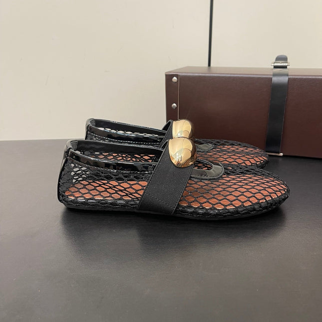 ALAIA BALLET FLATS IN BLACK MESH FISHNET WITH GOLD HARDWARE