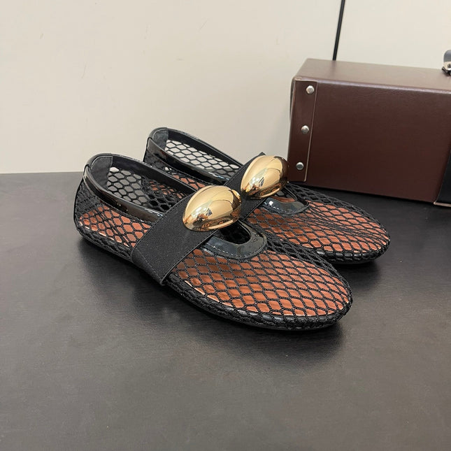 ALAIA BALLET FLATS IN BLACK MESH FISHNET WITH GOLD HARDWARE
