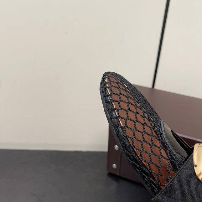 ALAIA BALLET FLATS IN BLACK MESH FISHNET WITH GOLD HARDWARE