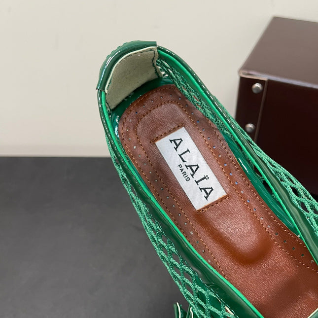 ALAIA BALLET FLATS IN COOL GREEN MESH FISHNET