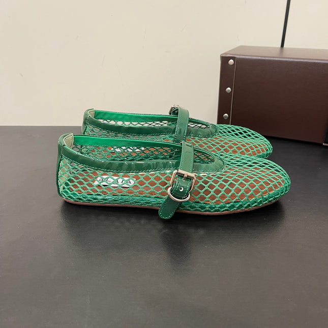 ALAIA BALLET FLATS IN COOL GREEN MESH FISHNET