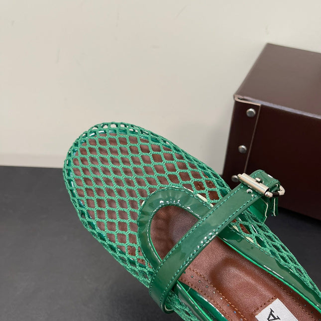 ALAIA BALLET FLATS IN COOL GREEN MESH FISHNET