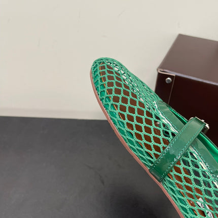 ALAIA BALLET FLATS IN COOL GREEN MESH FISHNET