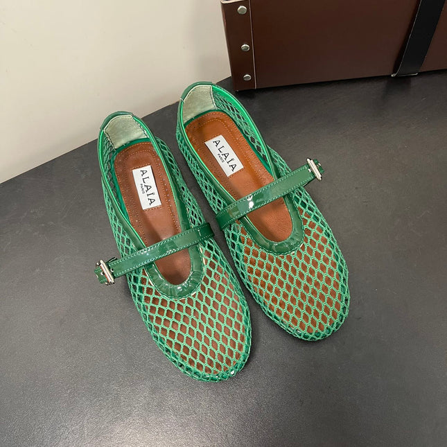 ALAIA BALLET FLATS IN COOL GREEN MESH FISHNET