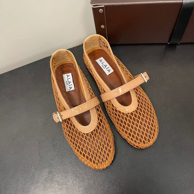 ALAIA BALLET FLATS IN COPPER BROWN MESH FISHNET