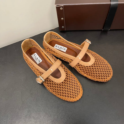 ALAIA BALLET FLATS IN COPPER BROWN MESH FISHNET