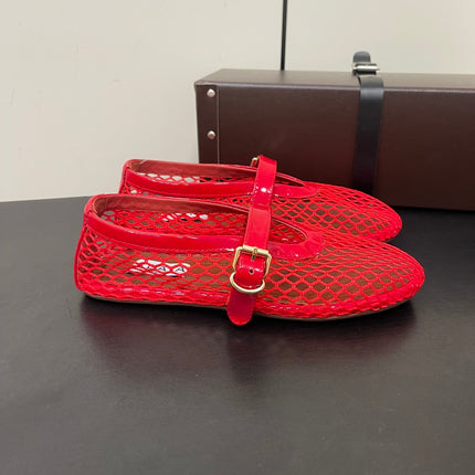 ALAIA BALLET FLATS IN CHERRY RED MESH FISHNET