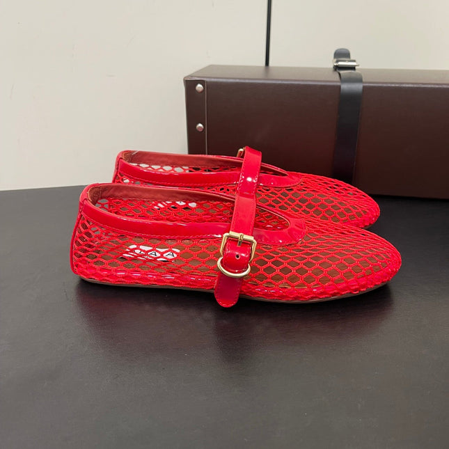 ALAIA BALLET FLATS IN CHERRY RED MESH FISHNET