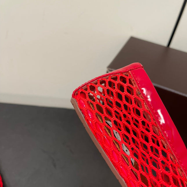 ALAIA BALLET FLATS IN CHERRY RED MESH FISHNET