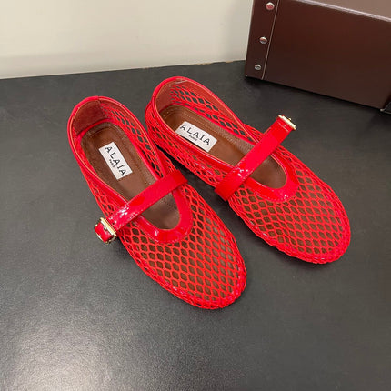 ALAIA BALLET FLATS IN CHERRY RED MESH FISHNET