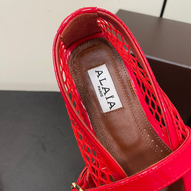 ALAIA BALLET FLATS IN CHERRY RED MESH FISHNET