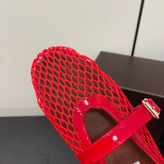 ALAIA BALLET FLATS IN CHERRY RED MESH FISHNET