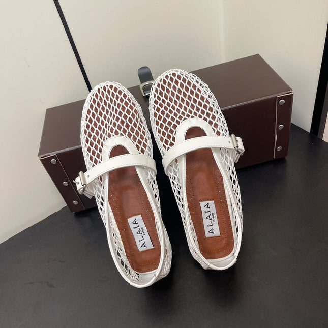 ALAIA BALLET FLATS IN WHITE MESH FISHNET