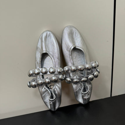 ALAIA SPHERE BALLET FLATS IN SILVER LAMBSKIN