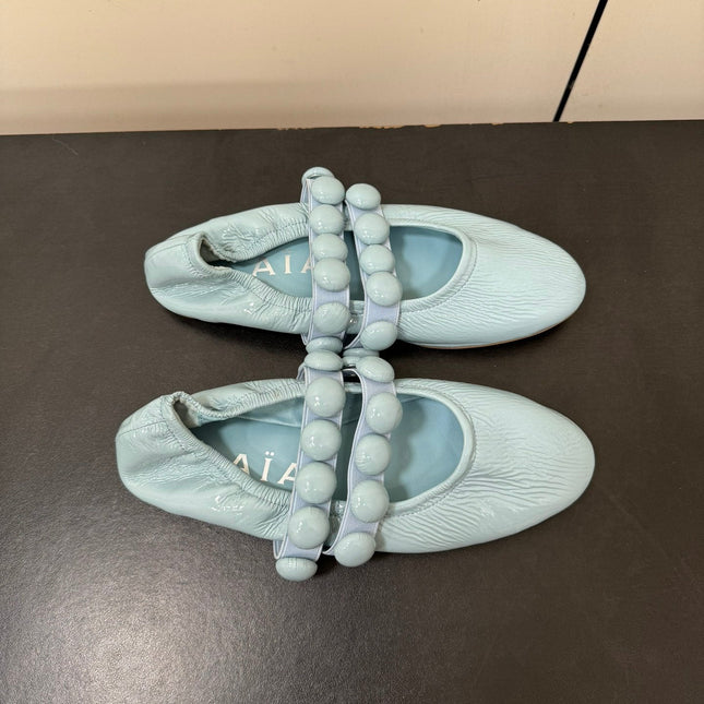 ALAIA SPHERE BALLET FLATS IN LIGHT BLUE LAMBSKIN