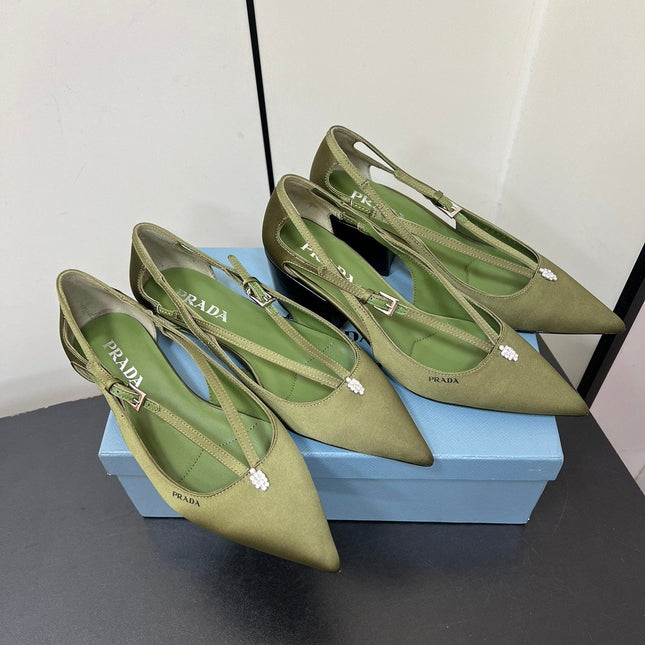CUT-OUT PUMPS WITH BEAD BUCKLE IN OLIVE GREEN SATIN
