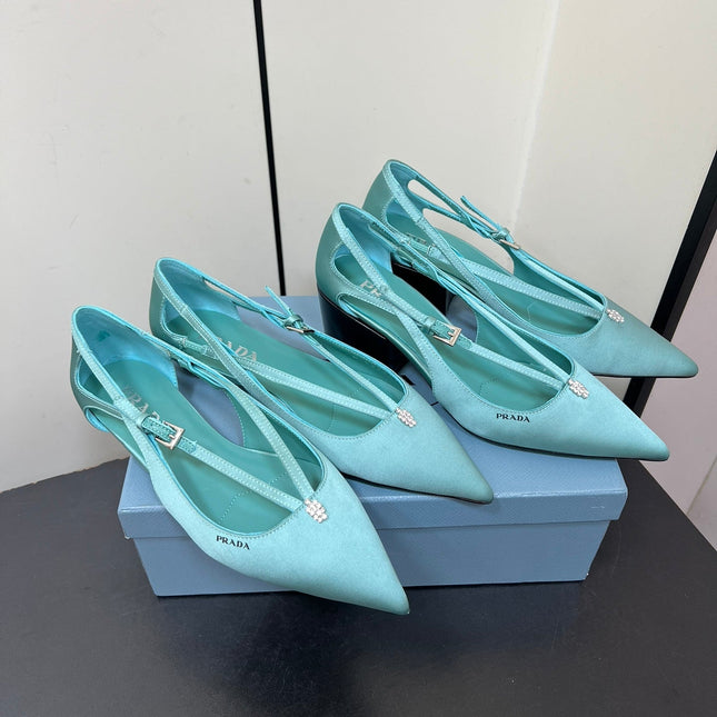 CUT-OUT PUMPS WITH BEAD BUCKLE IN TURQUOISE BLUE SATIN