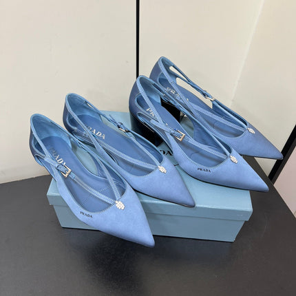 CUT-OUT PUMPS WITH BEAD BUCKLE IN PERANO BLUE SATIN