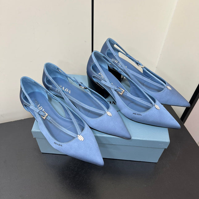 CUT-OUT PUMPS WITH BEAD BUCKLE IN PERANO BLUE SATIN