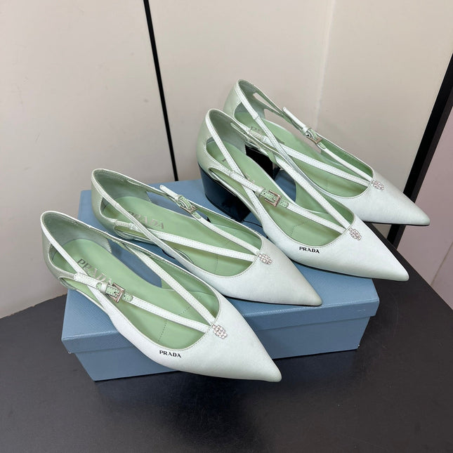 CUT-OUT PUMPS WITH BEAD BUCKLE IN CHETWODE GREEN SATIN
