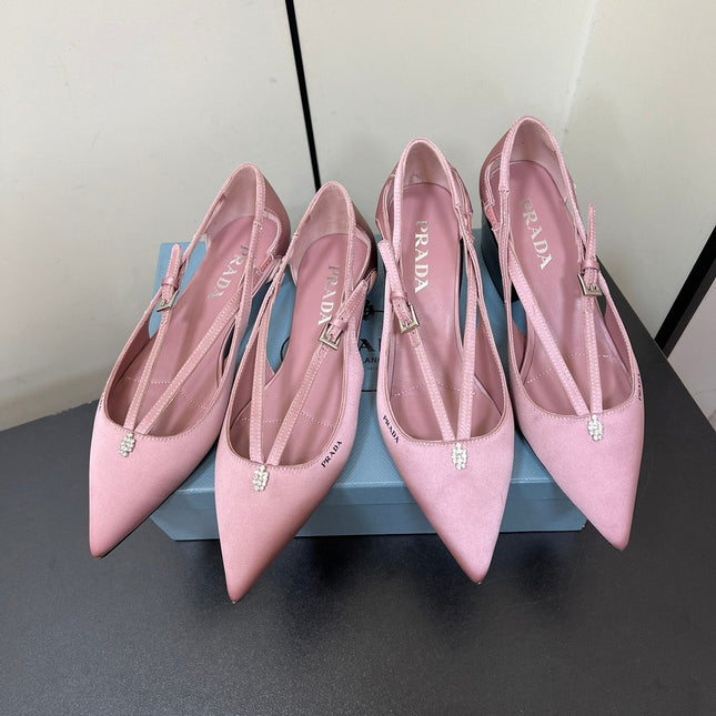 CUT-OUT PUMPS WITH BEAD BUCKLE IN BABY PINK SATIN